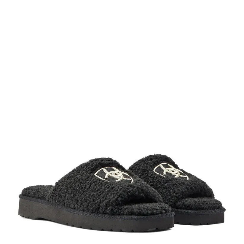 Ariat Cozy AR2697-001 Slipper Women 8 Black Warm Fleece Embroidered Slide KHD473