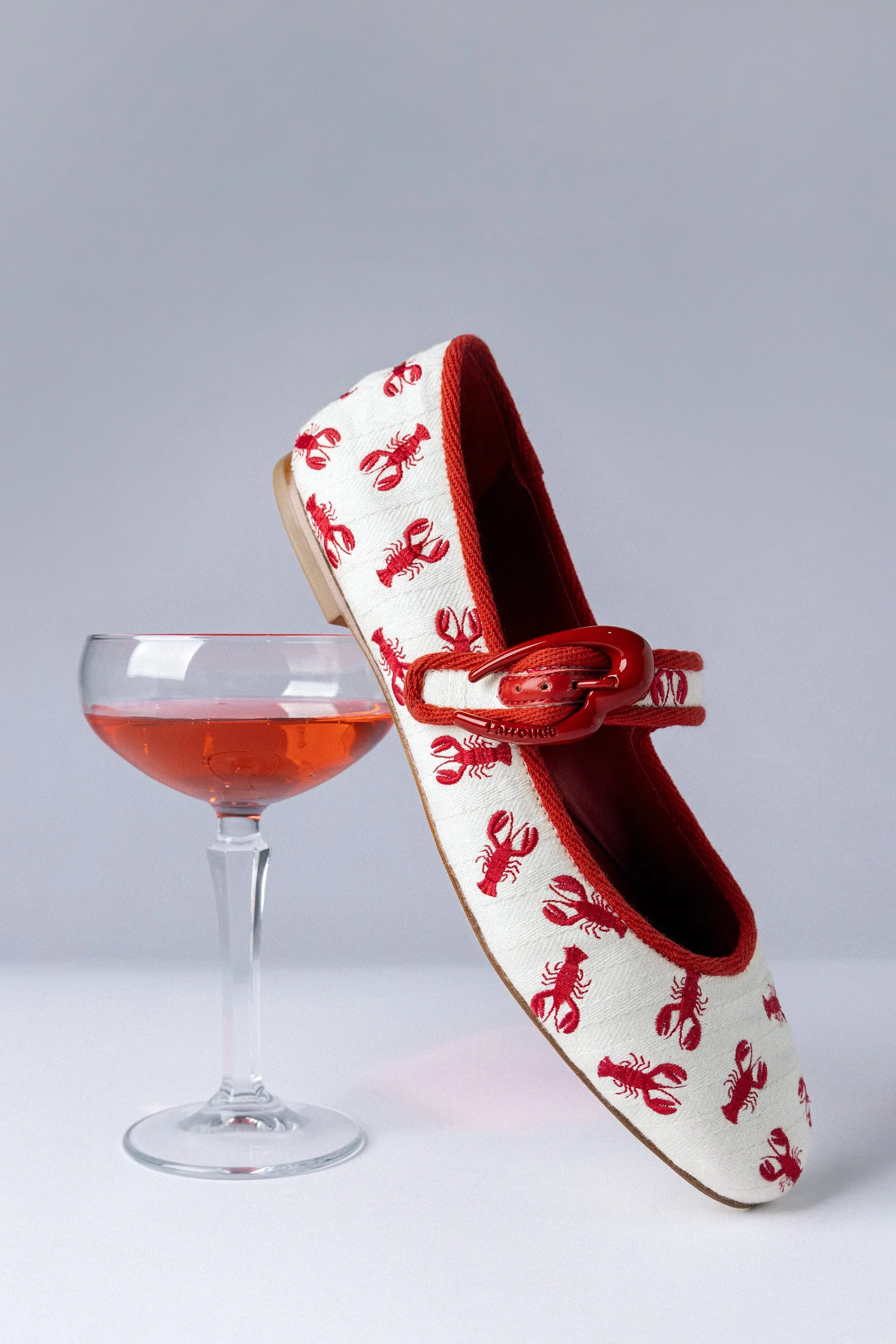 Verona Ballet Flat In White Striped Fabric and Lobster Embroidery